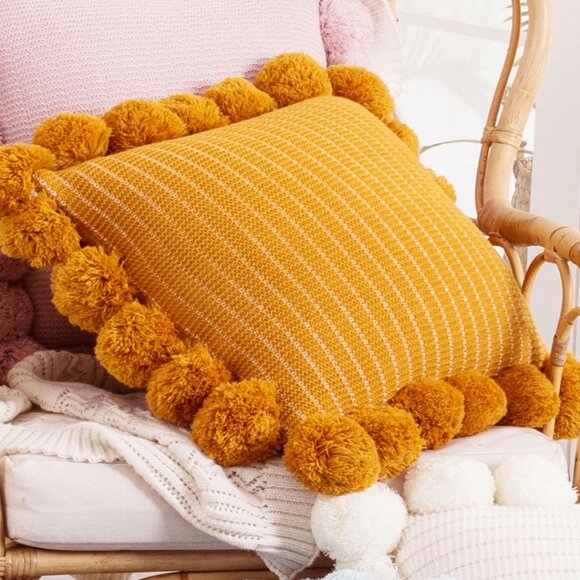 SOGA 2X 45cm Mustard Yellow Ribbed Pillow Cover with Pom Poms